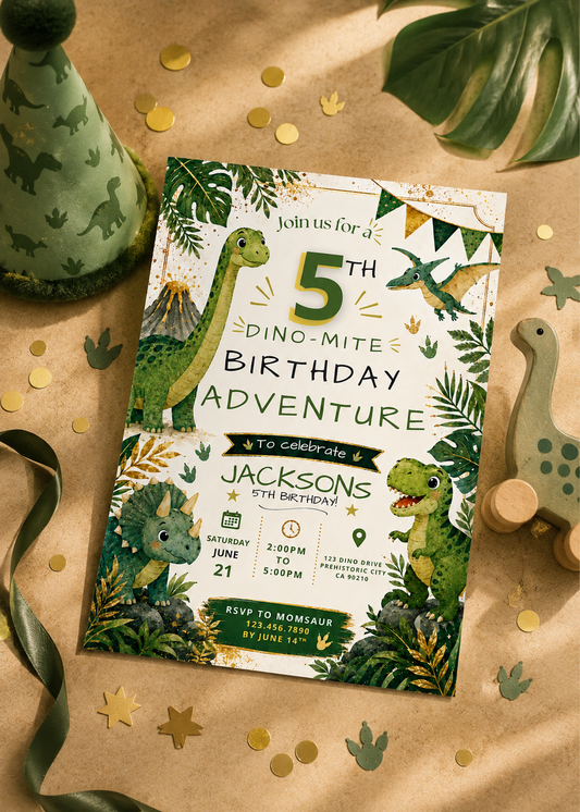 A dinosaur-themed 5th birthday invitation card styled in a flat lay with a green party hat, a wooden toy dinosaur, green leaves, gold confetti, and a green ribbon on a brown kraft paper background.