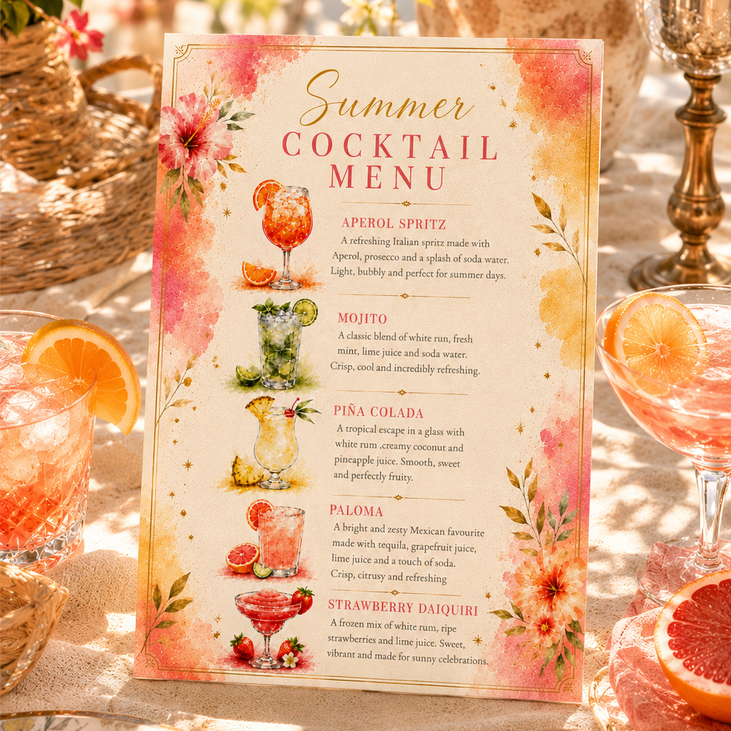 A decorative 'Summer Cocktail Menu' card displayed on a table in a styled outdoor dining setting. The menu features watercolor floral designs in pink, orange, and yellow, with illustrations of cocktails and a list of menu items including Aperol Spritz, Mudo, Pina Colada, Paloma, and Strawberry Daiquiri.