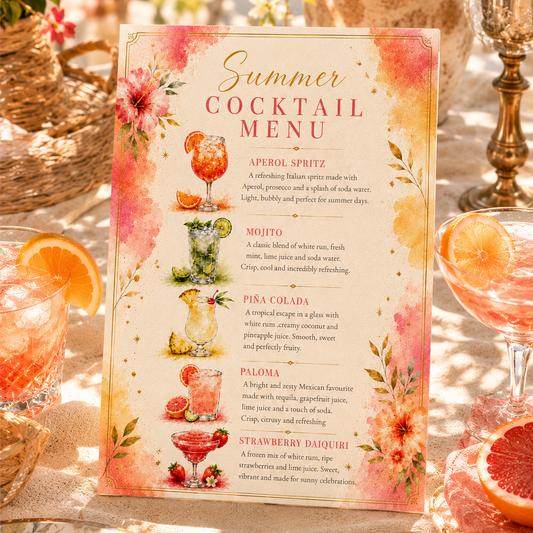 A decorative 'Summer Cocktail Menu' card displayed on a table in a styled outdoor dining setting. The menu features watercolor floral designs in pink, orange, and yellow, with illustrations of cocktails and a list of menu items including Aperol Spritz, Mudo, Pina Colada, Paloma, and Strawberry Daiquiri.