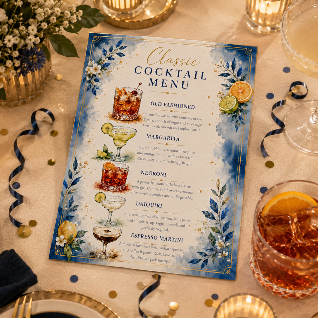 A printed cocktail menu card with blue watercolor floral borders and illustrated drinks, styled on a decorated tabletop with candles, glasses, olives, flowers, and confetti.