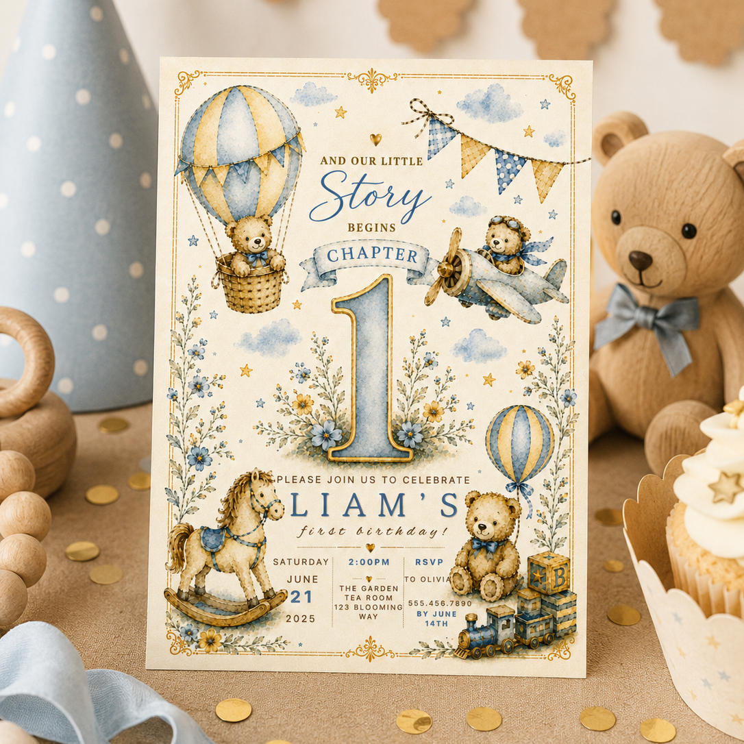 A styled first birthday invitation card featuring a teddy bear and hot air balloon theme, surrounded by party props including a blue polka-dot cone hat, wooden beads, a teddy bear, and a cupcake on a kraft paper surface.