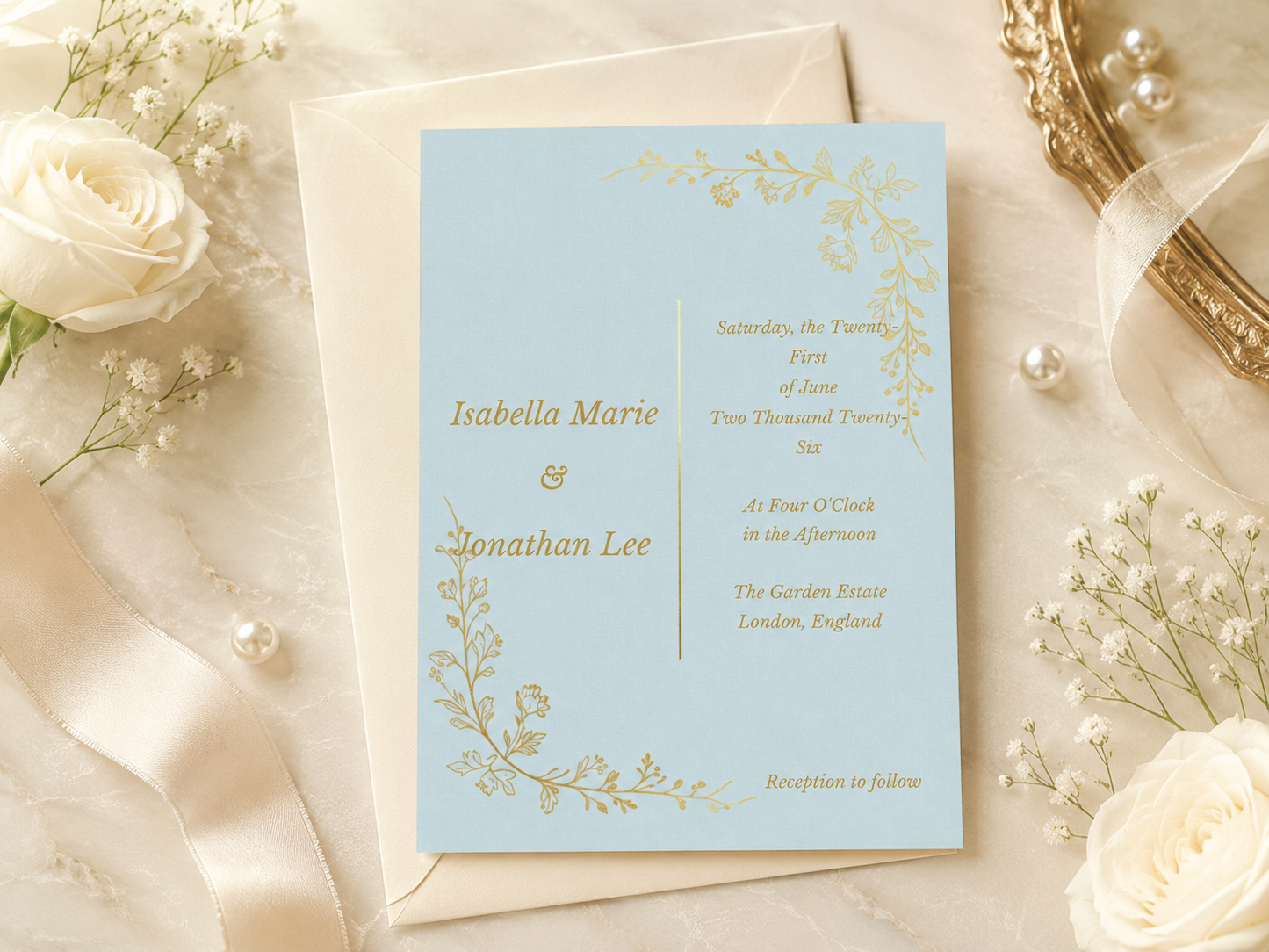 A light blue wedding invitation card with gold floral illustrations and gold text, layered over a cream envelope. The card is styled in a flat lay with white roses, baby's breath, pearls, and a gold mirror on a cream fabric background.
