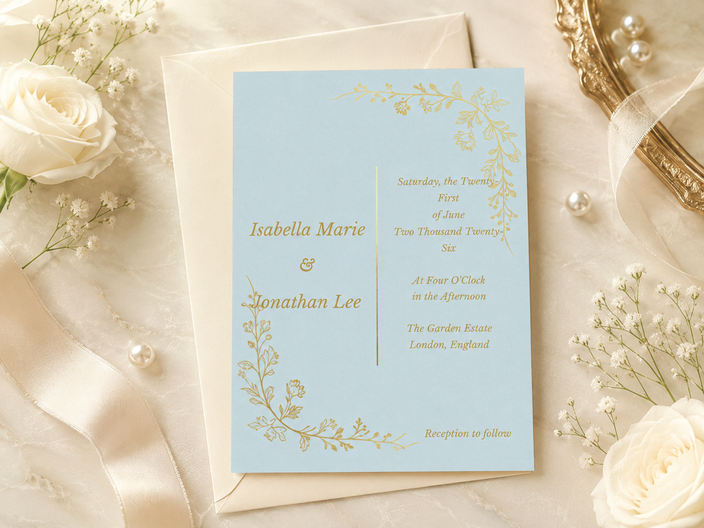 A light blue wedding invitation card with gold floral illustrations and gold text, layered over a cream envelope. The card is styled in a flat lay with white roses, baby's breath, pearls, and a gold mirror on a cream fabric background.