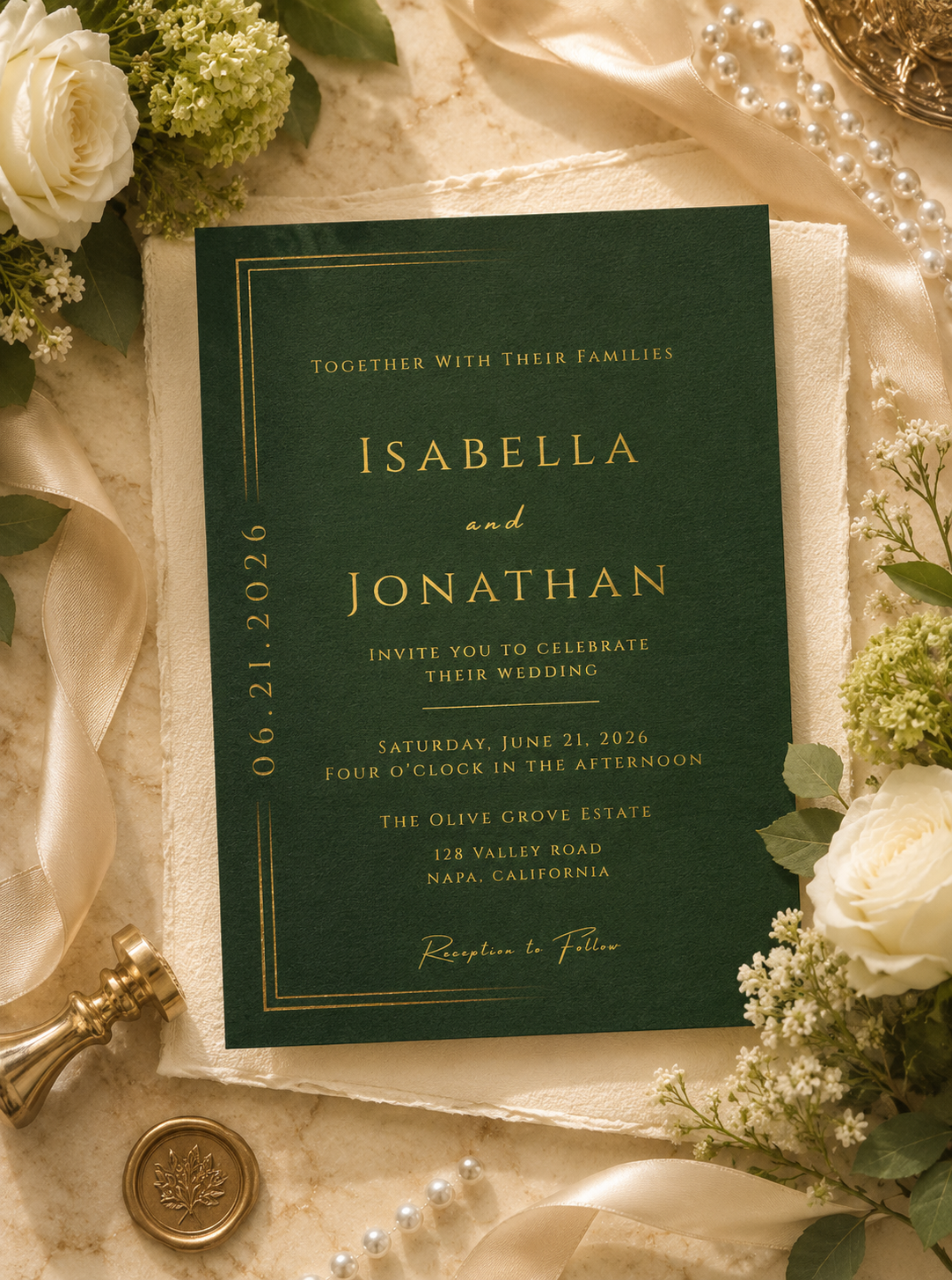 A dark green wedding invitation card with gold lettering, styled in a flat lay with cream satin fabric, white roses, greenery, pearls, and a gold seal.