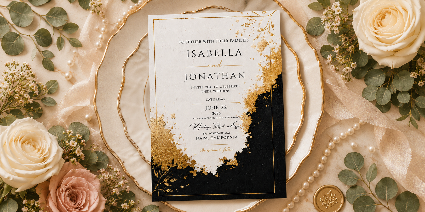 A wedding invitation card with elegant gold foil leaf accents and a black base, styled on a gold-rimmed plate surrounded by cream and blush roses, greenery, pearls, and a gold wax seal.