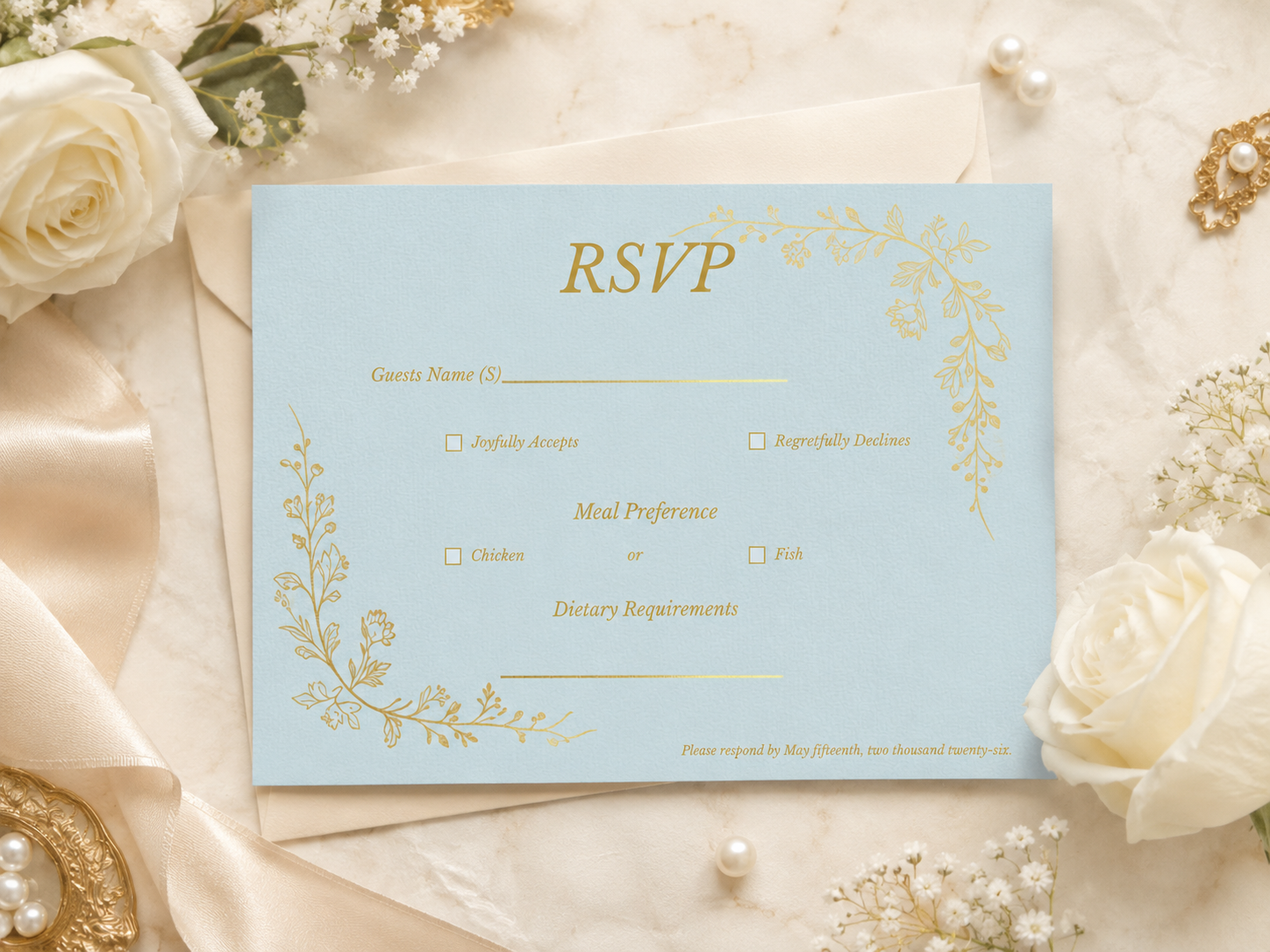 A light blue RSVP card with elegant gold floral corner illustrations and gold lettering, styled in a flat lay with cream envelopes, white roses, pearls, and gold decorative accents on a soft beige fabric background.