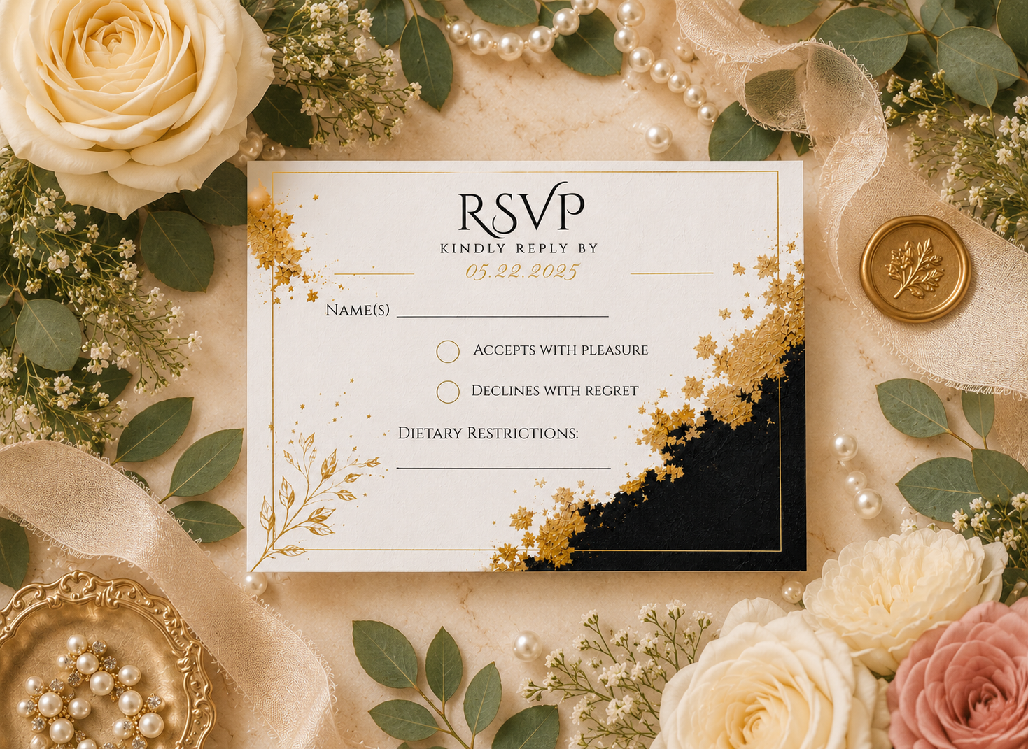A styled flat-lay of a wedding RSVP card surrounded by cream and pink roses, green leaves, pearls, sheer ribbon, and a gold wax seal on a beige fabric background.