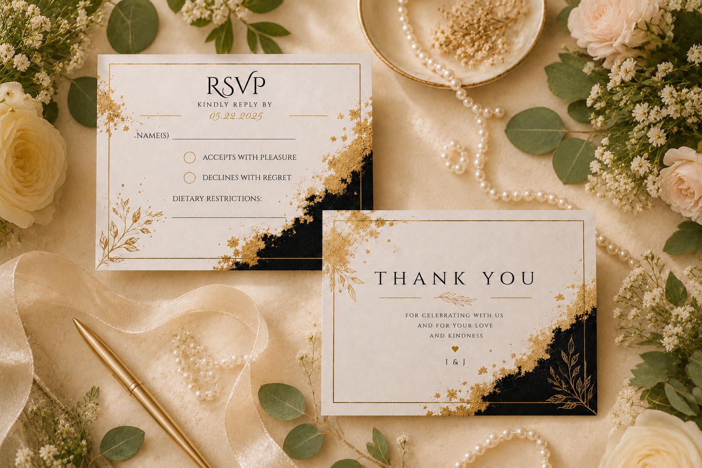 A styled flat-lay of wedding stationery on a cream satin surface with flowers, pearls, and greenery. The set includes an RSVP card, a thank you card, and a gold pen.