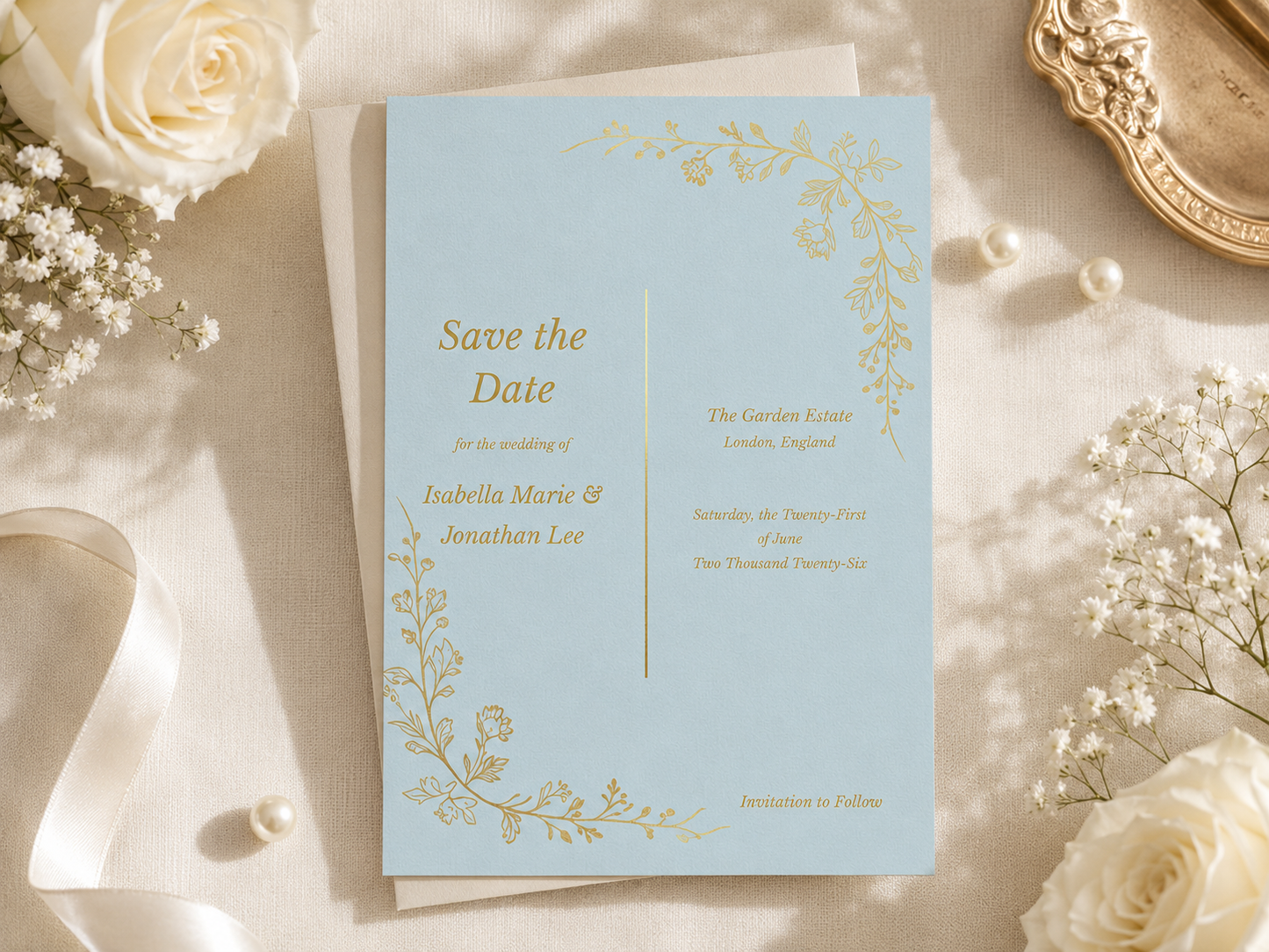 A light blue 'Save the Date' invitation card with elegant gold botanical illustrations, styled in a flat lay with white roses, baby's breath, pearls, and a cream ribbon on a beige fabric background.