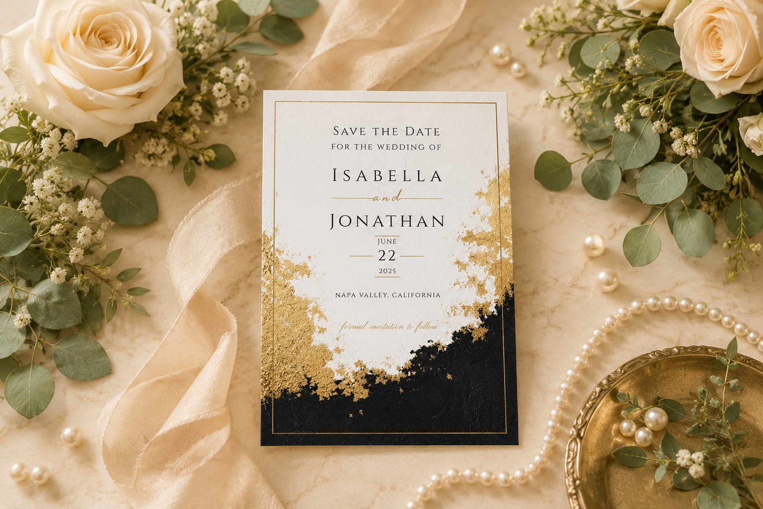 A square wedding save-the-date card styled in a flat lay with cream roses, eucalyptus leaves, pearls, and a gold dish on a beige fabric background. The card has a white top half with black text and a black bottom half with gold leaf-like splatter details.