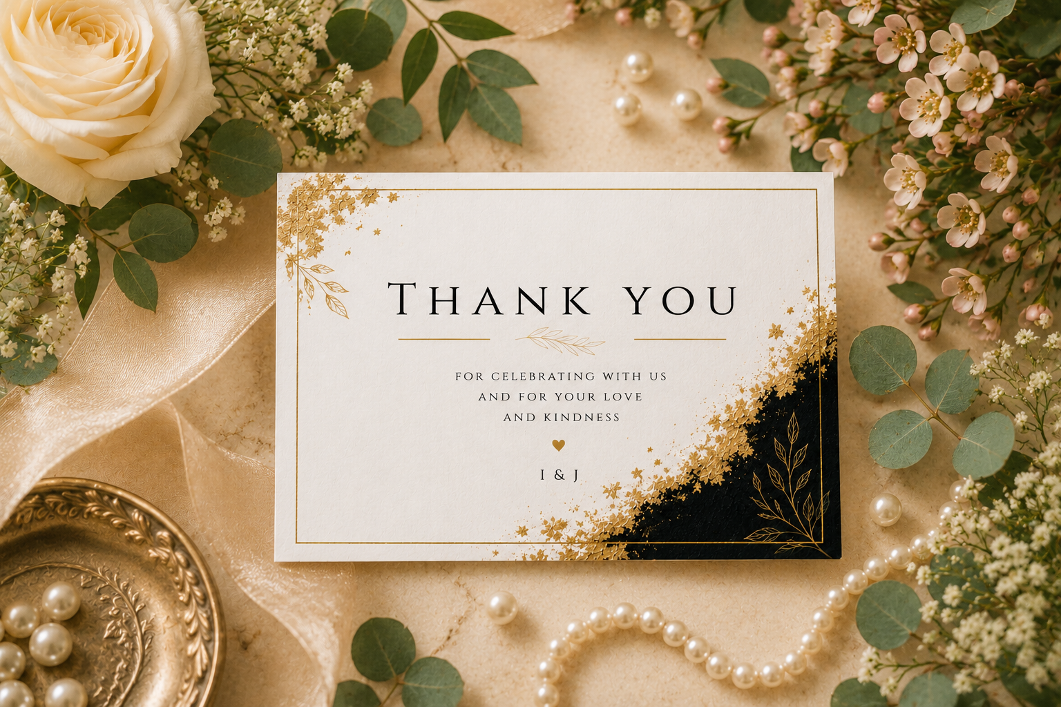 A square thank-you card with elegant gold floral corner designs and a black triangular accent at the bottom right, styled on a beige fabric background with flowers, greenery, pearls, and a small gold dish.