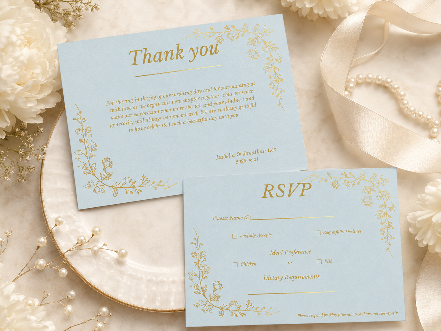 A wedding stationery flat lay featuring a light blue thank you card and RSVP card with gold floral borders, styled on a white plate with cream flowers and a pearl strand.