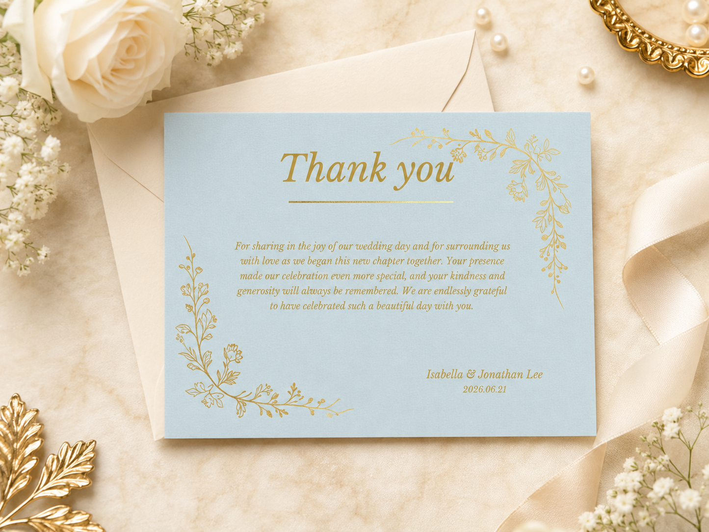 A light blue wedding thank-you card with elegant gold floral borders and gold text, placed on top of a cream envelope with decorative flowers, pearls, and ribbons around it.