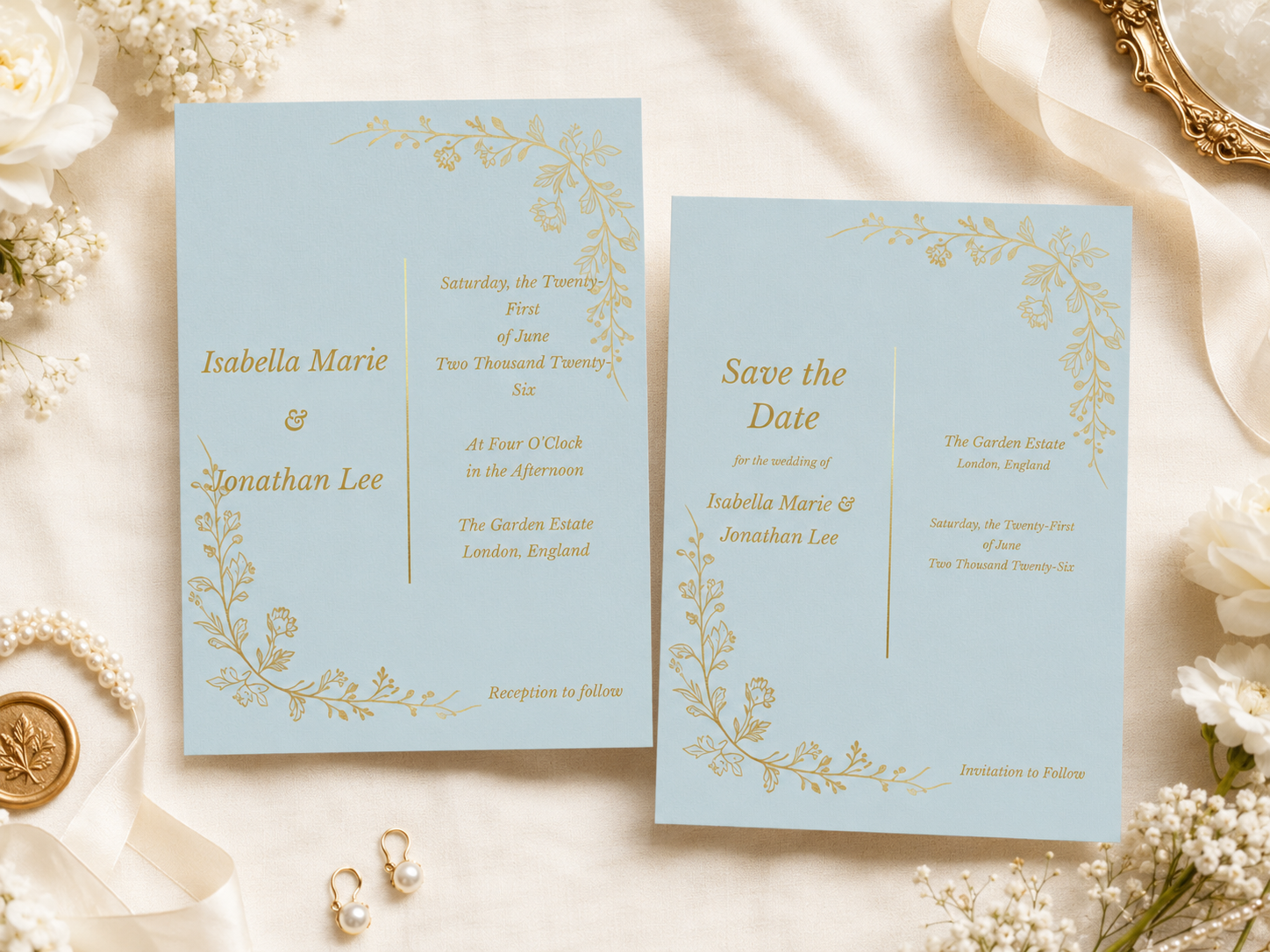 Two elegant light blue wedding invitation cards with gold floral borders, styled on a cream fabric background with white flowers, pearls, and a gold seal.