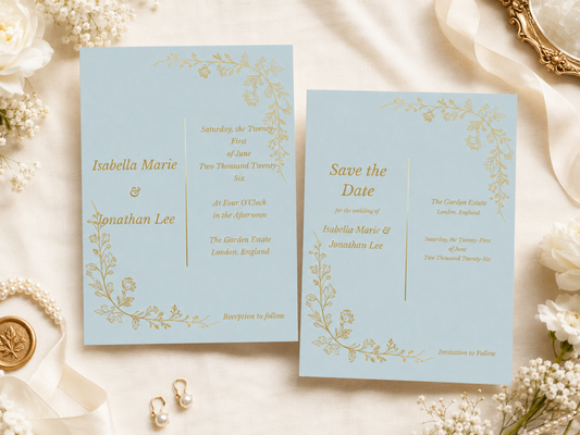 Two elegant light blue wedding invitation cards with gold floral borders, styled on a cream fabric background with white flowers, pearls, and a gold seal.