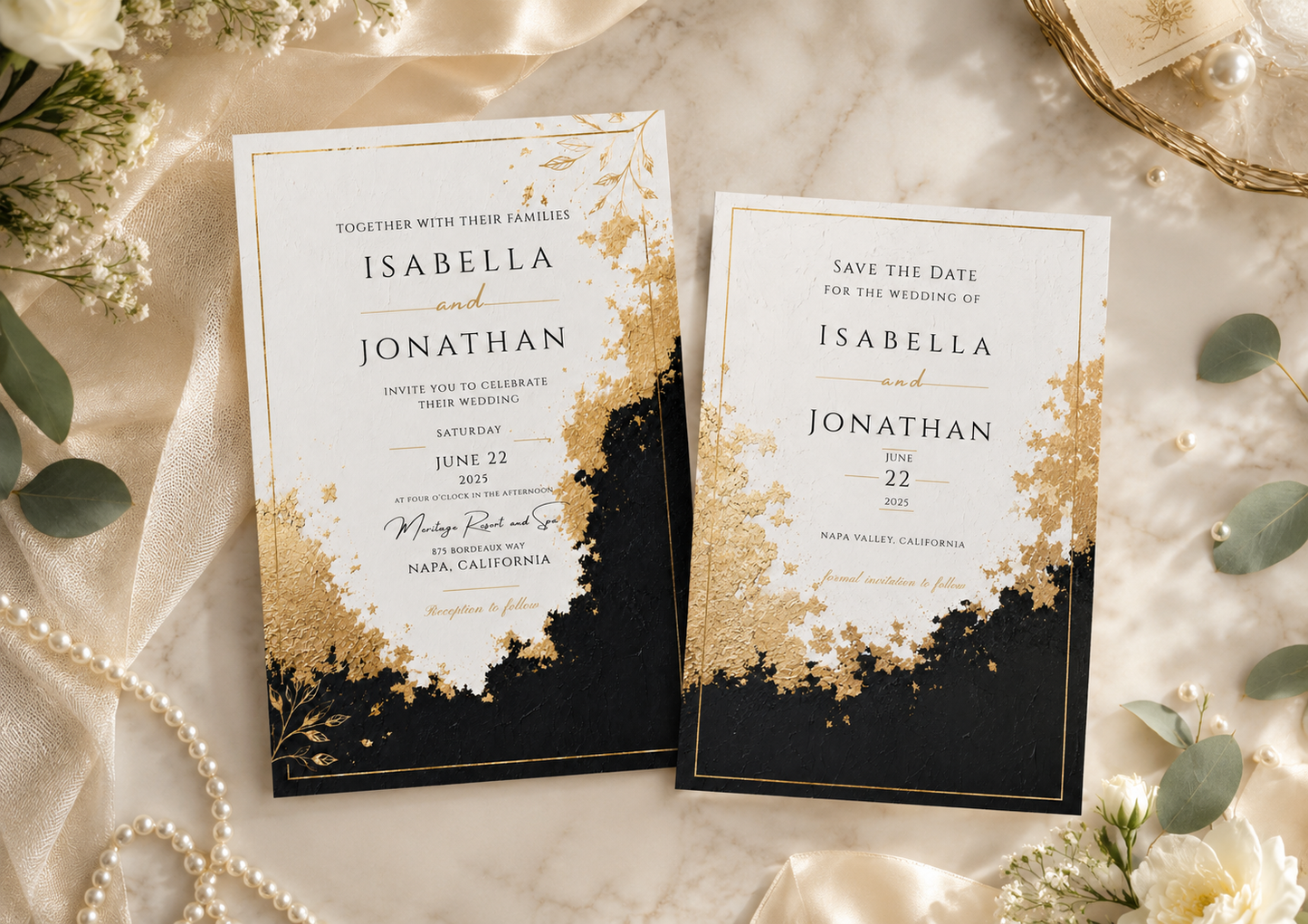 Two elegant wedding invitation cards with black and gold floral designs, styled on a cream fabric background with pearls, eucalyptus, and white flowers.