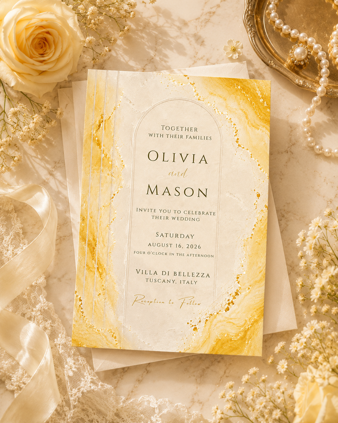 A wedding invitation card with elegant gold and cream marble textures, styled in a flat lay with cream roses, pearls, and delicate flowers on a marble surface.