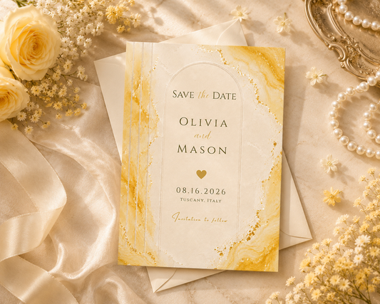 A styled flat-lay of a wedding save-the-date card with a cream and gold marble design, surrounded by white roses, baby's breath, pearls, and satin fabric.