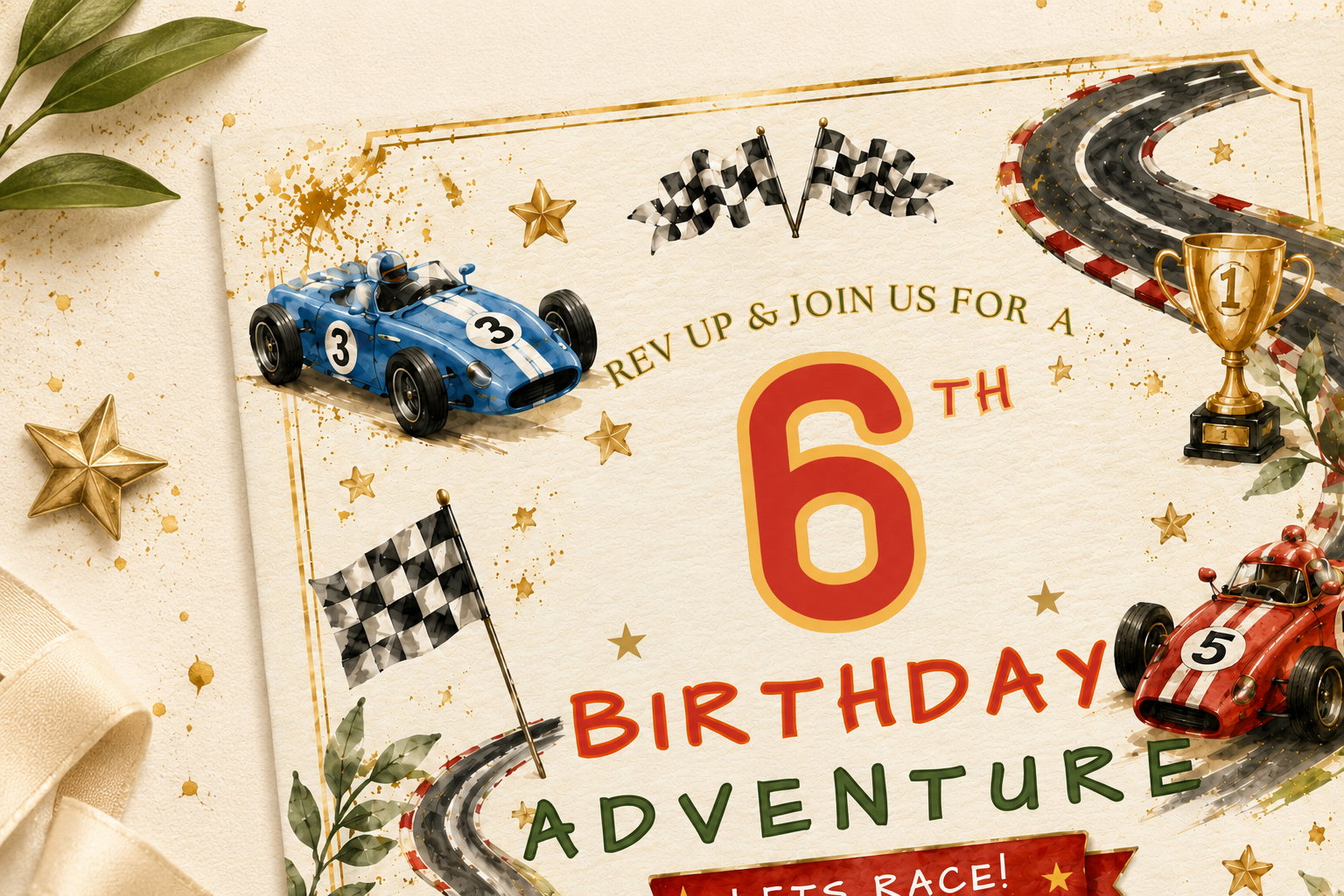 A 6th birthday race-themed invitation card displayed on a textured cream background with decorative gold stars, green leaves, and a cream ribbon. The card features watercolor illustrations of blue and red vintage race cars, checkered flags, a gold trophy, and the text 'REV EV & JOIN US FOR A 6TH BIRTHDAY ADVENTURE LETS RACE!'.