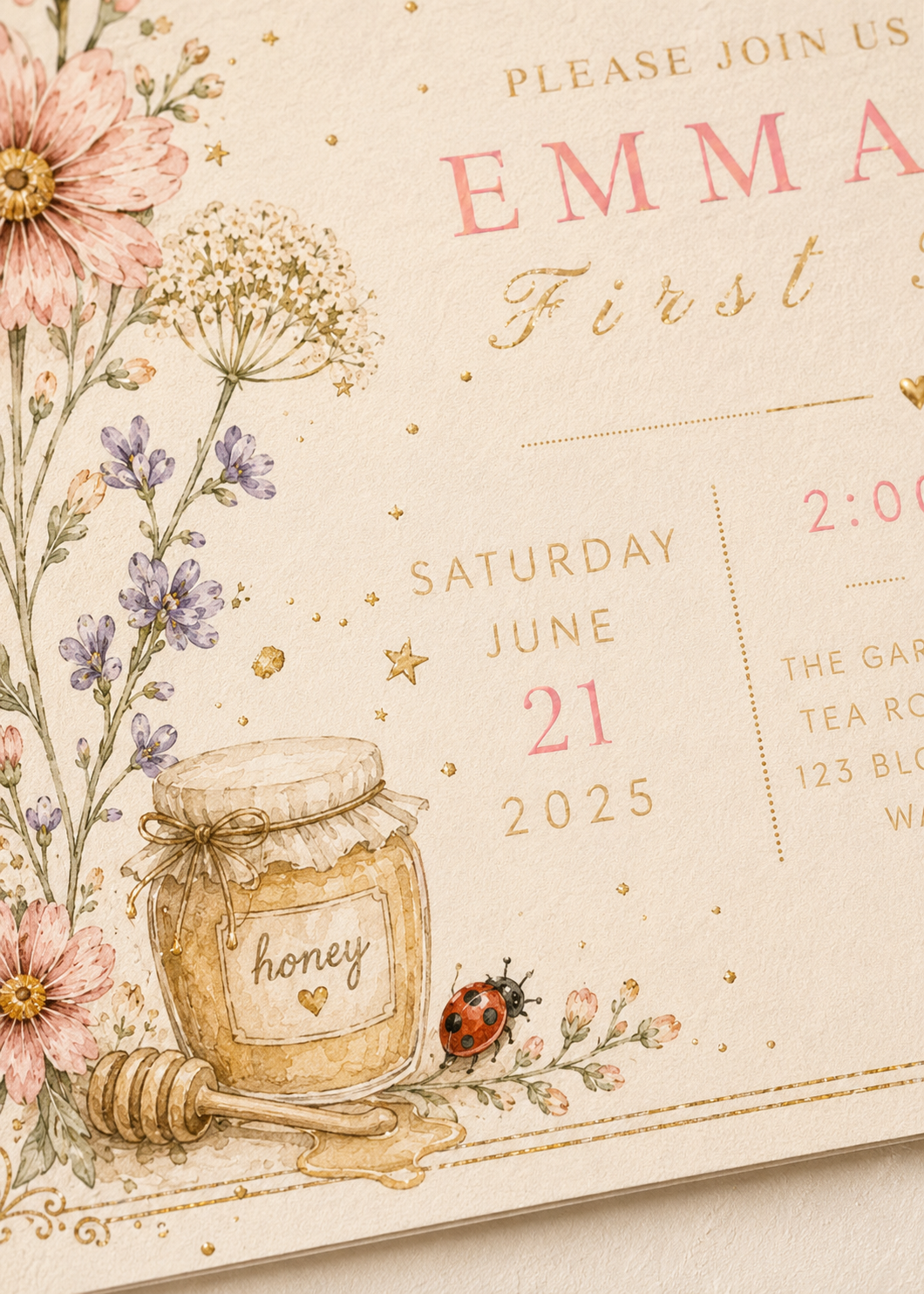 A first birthday invitation card featuring a watercolor honey jar, flowers, a honey dipper, and a ladybug on a warm cream background with gold decorative text and stars.